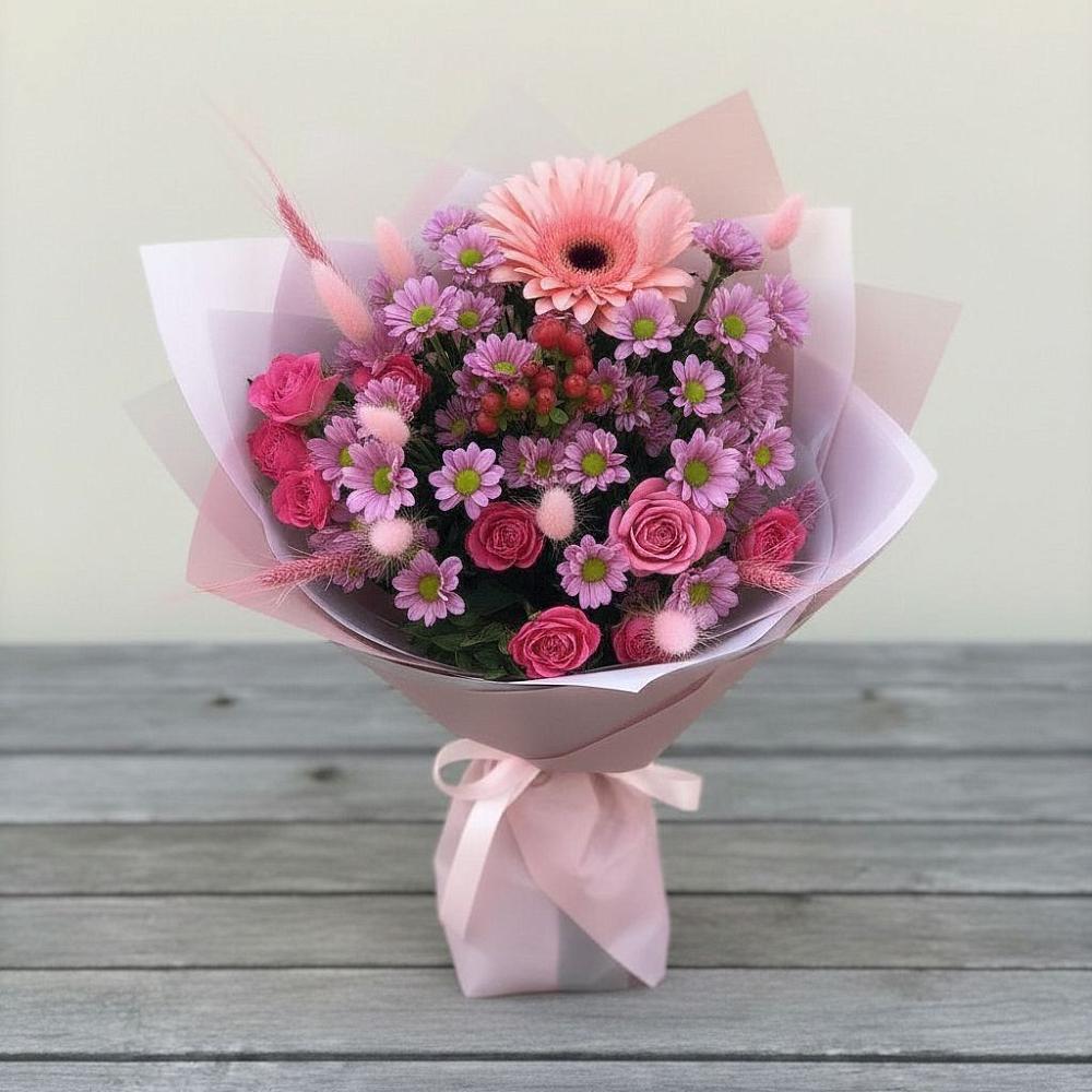 Букет цветов из: Розы, Герберы и Хризантемы в Игумново